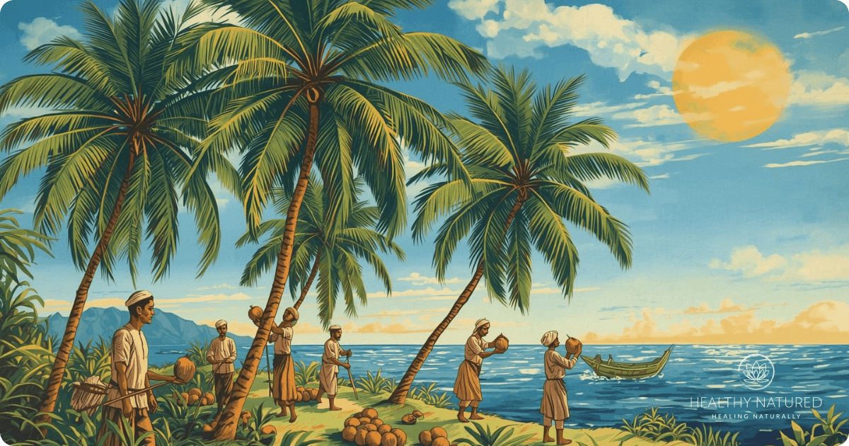 artists impression of coconut gathering