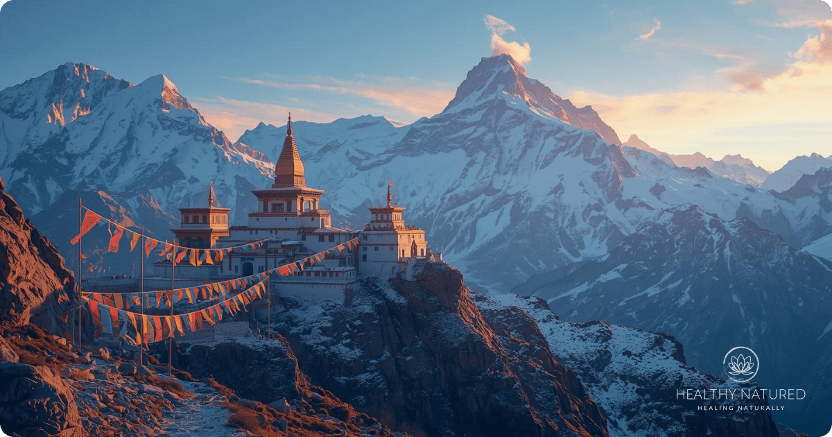 artist's impression of a Buddhist Temple in the Himalayas