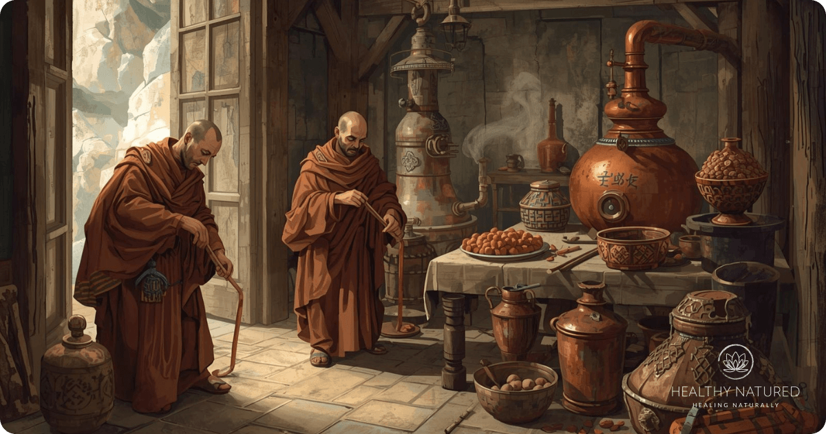 Medieval monks distilling essential oils