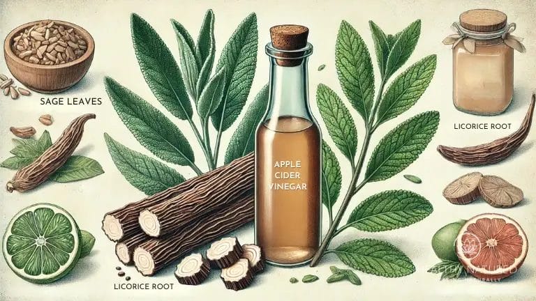 Sage, licorice root and apple cider vinegar ingredients in natural sore throat remedies