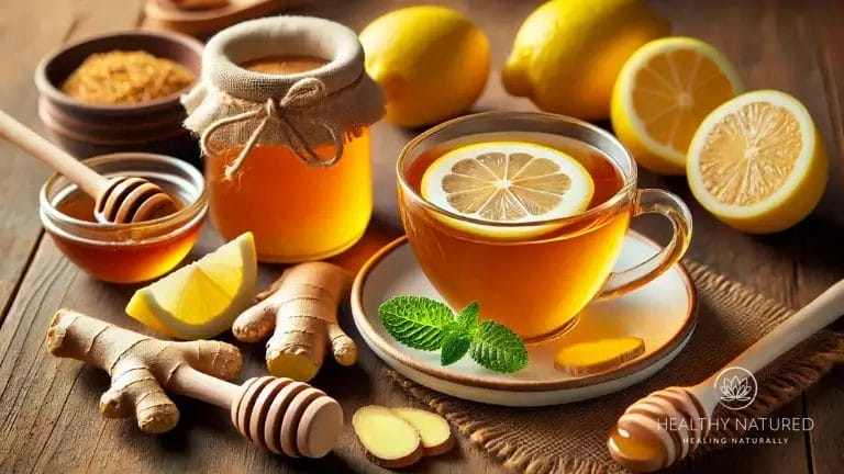 a cup of honey, ginger and lemon tea, with fresh produce