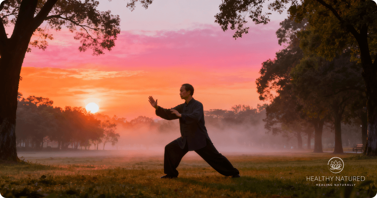 practicing qigong at dawn