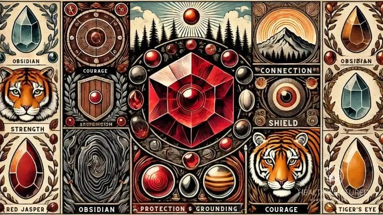 top crystals red jasper, tigers eye and obsidian