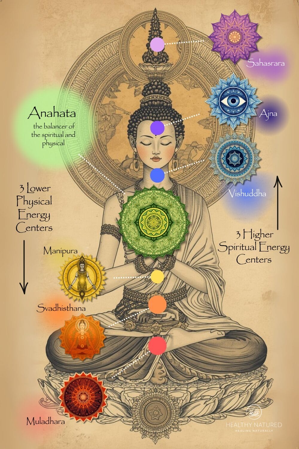anahata the heart chakra acts a bridge for all the subtle bodies energy, it is the energy center where the lower 3 physical chakras and the higher three spiritual chakras meet.