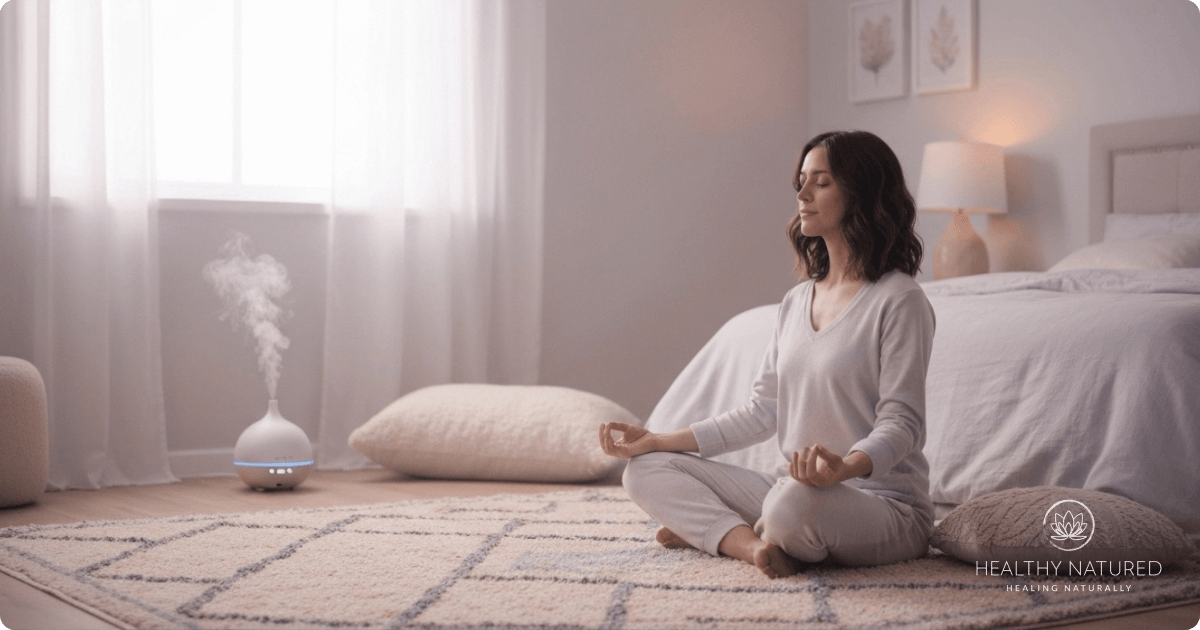 a woman practices mindfulness before bed to gain the benefits of meditation for sleep