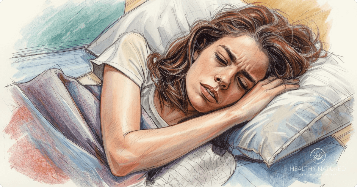 a woman waking up feeling unrested and tired due to nighttime rumination. Difficulty sleeping increases worry about not sleeping, which worsens sleep.