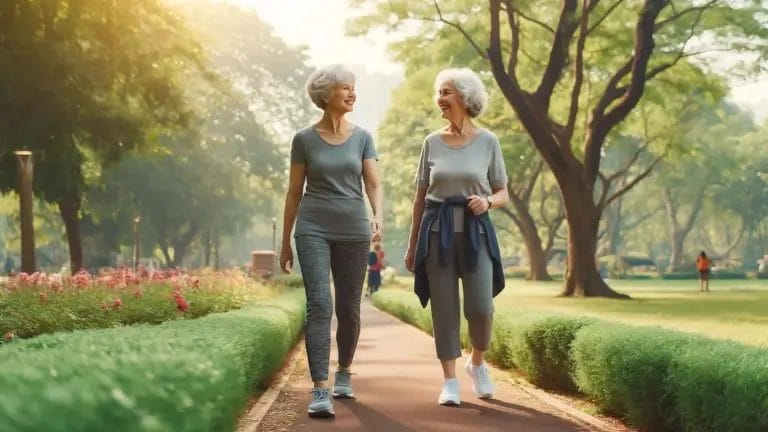 two women walking on a path
