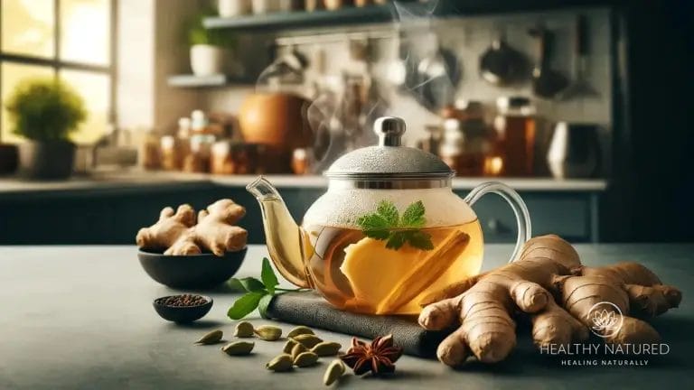 a teapot with a glass teapot and a bowl of ginger for ginger and cardamom tea