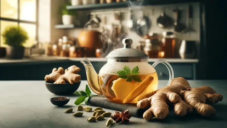 a teapot with a glass teapot and a bowl of ginger for ginger and cardamom tea