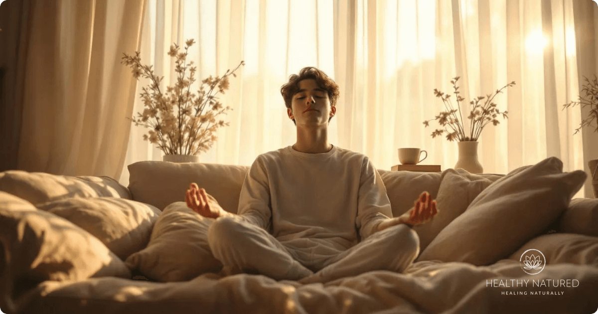 a young man meditating on a couch. meditation has been proven to help us wake up feeling more energized, alert and to start our day with a positive and peaceful mindset