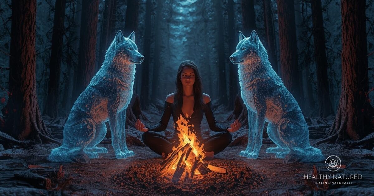 embrace your guide - a woman sits in meditation as two large animal spirit guides protect her