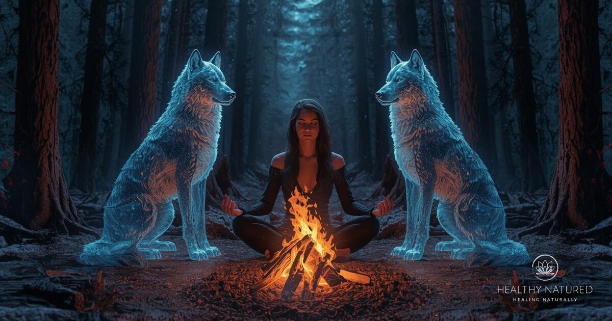 embrace your guide - a woman sits in meditation as two large animal spirit guides protect her