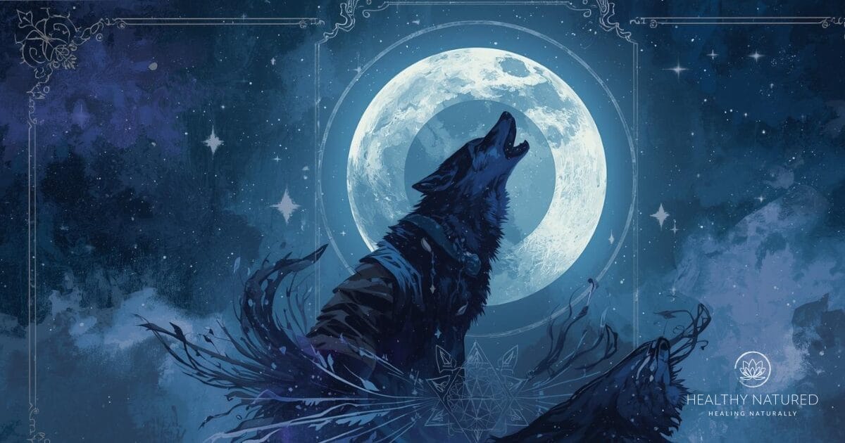 A howling wolf sits in front of a large full moon.