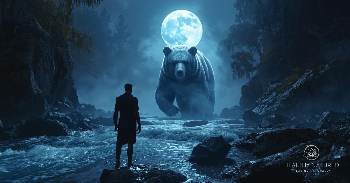 The bear spirit animal appears from the rivers mist