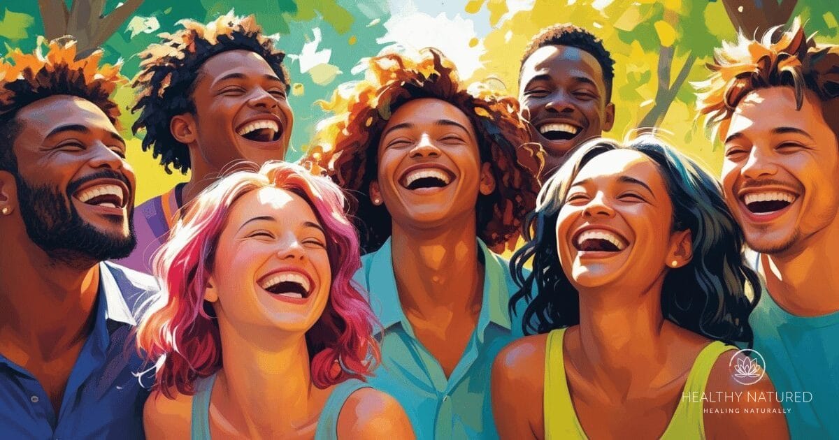 A group of people laughing and having fun together. Orange gemstones promote friendship and joy