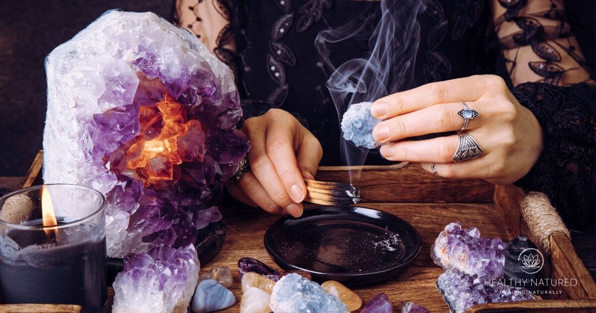 Smudging is the burning of specific herbs or woods, such as sage and using the smoke produced to cleanse the crystals.