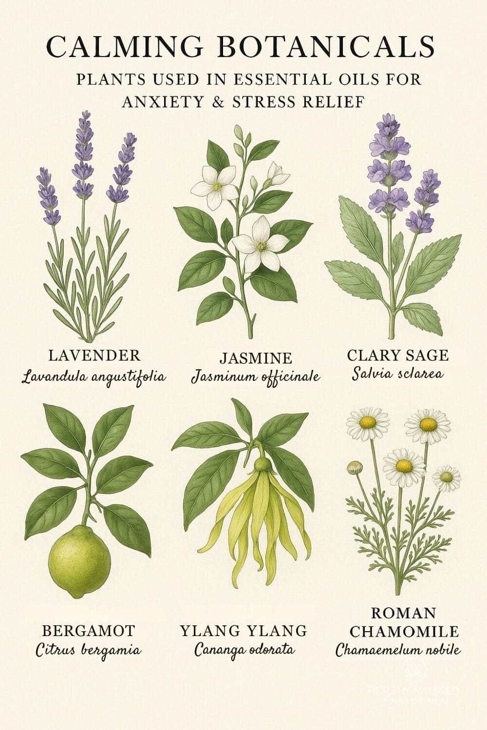 calming botanicals infographic showing 6 essential oils - lavender, jasmine, clary sage, bergamot, ylang-ylang, and roman chamomile