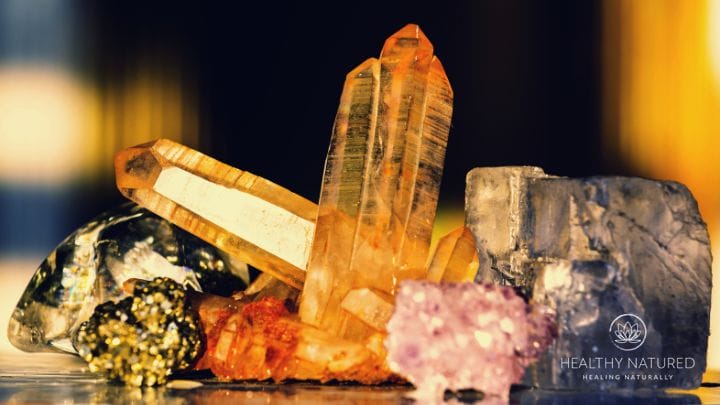 a group of crystals on a table