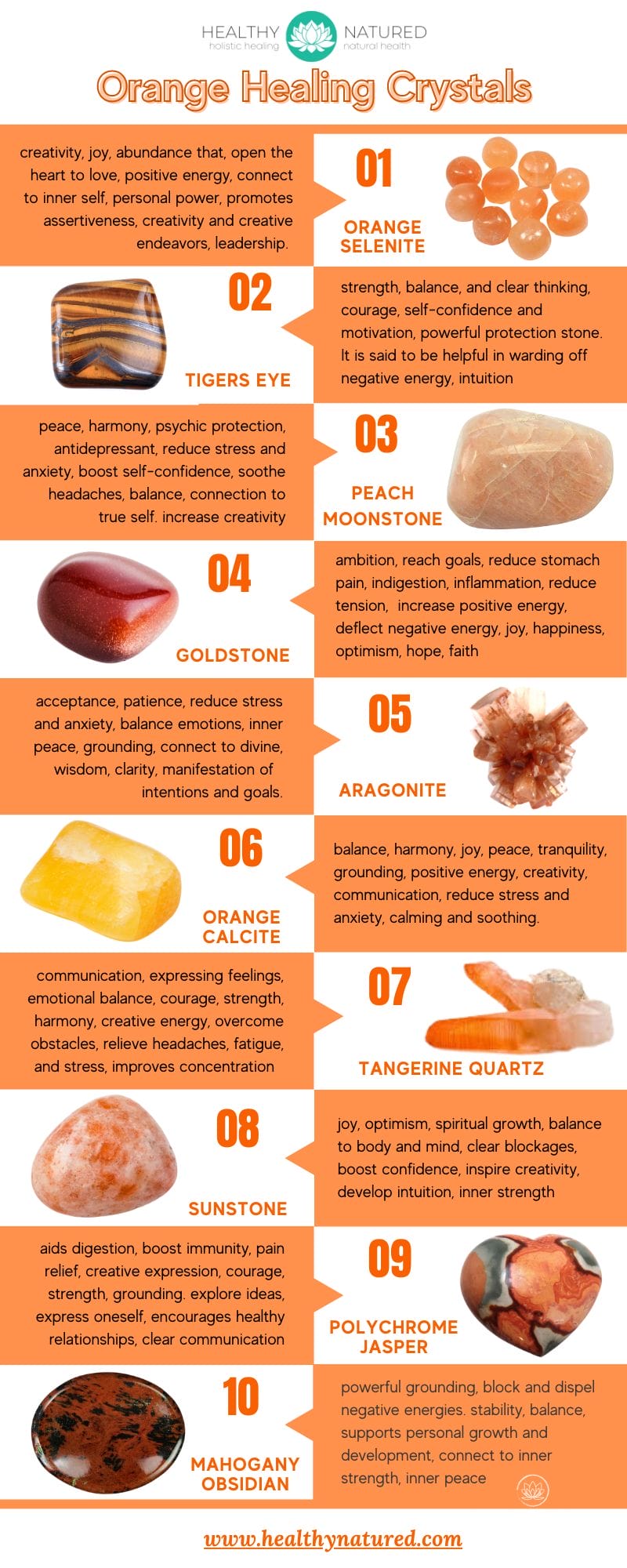 The Benefits of Orange Crystals. Uses and Meanings of 10 orange crystals Infographic