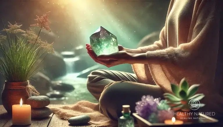 A fluorite crystal being used for energy healing.