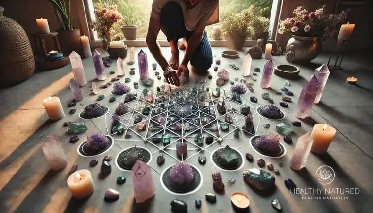 Someone carefully placing fluorite crystals in a crystal grid formation