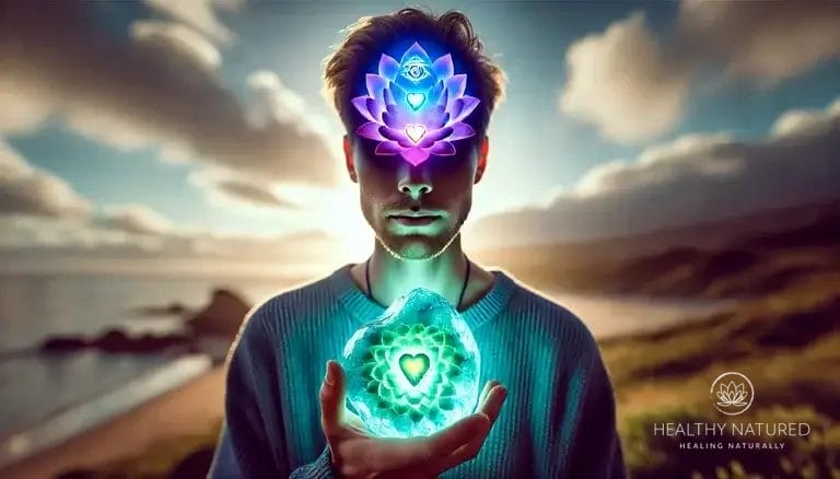 Someone holding a fluorite crystal, with their third eye chakra and heart chakra fully open.