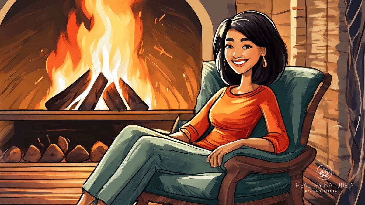 a woman is happy and content as she sits in a comfy chair beside the fire