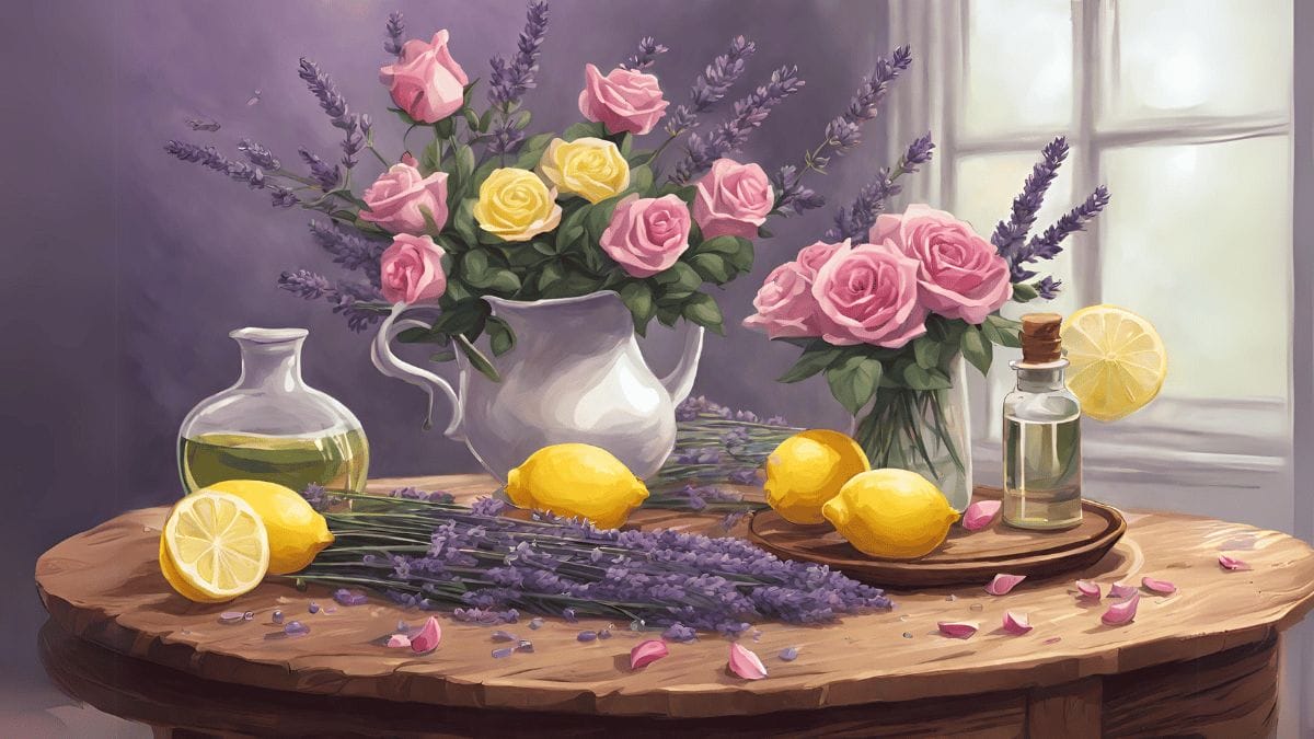 roses, lemons and lavender being made into Essential Oil Blends