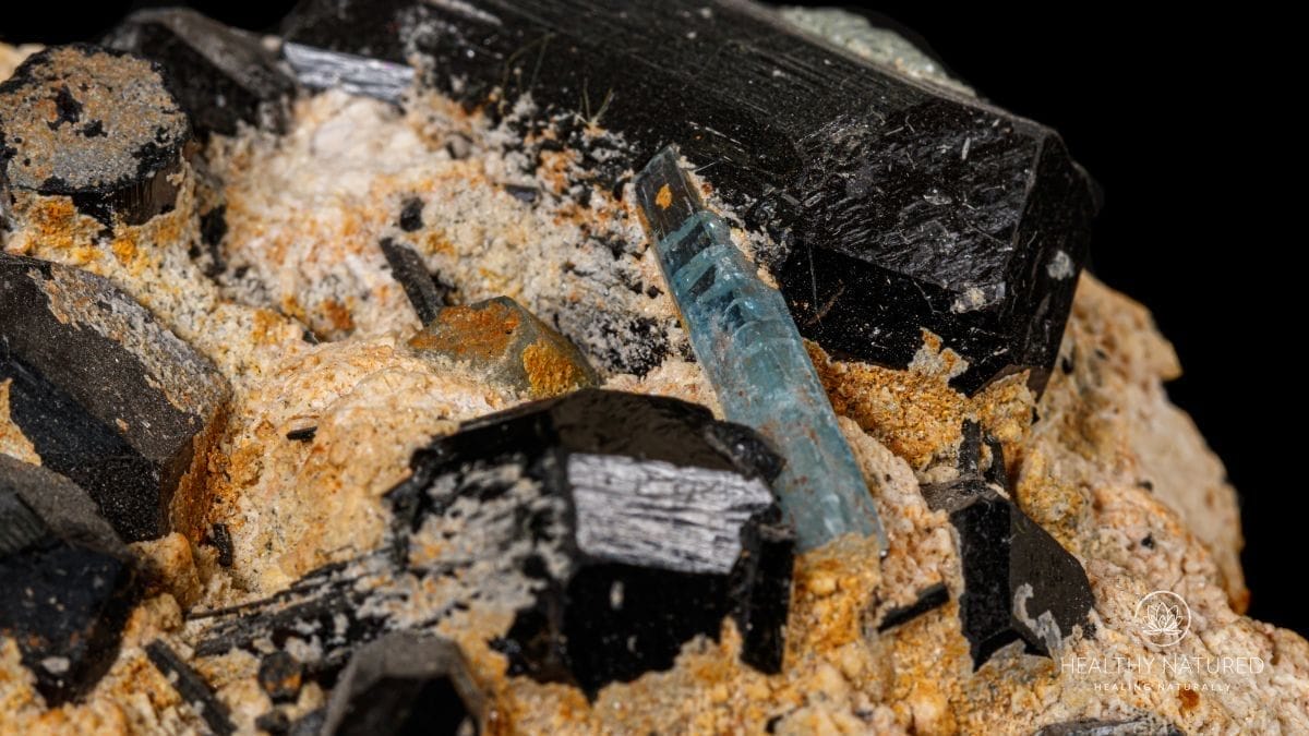 raw black tourmaline and aquamarine