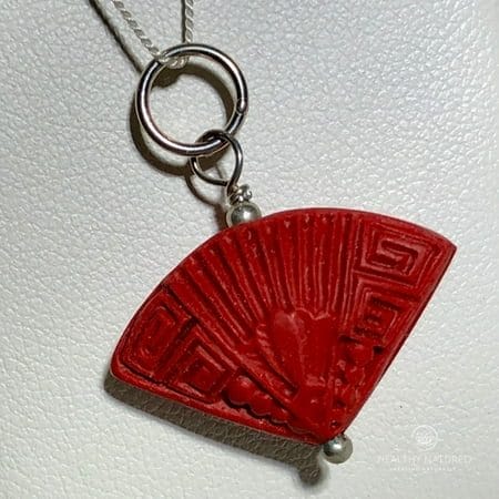 Smoldering Hand Carved Red Cinnabar Fan & Silver Pendant 507546S