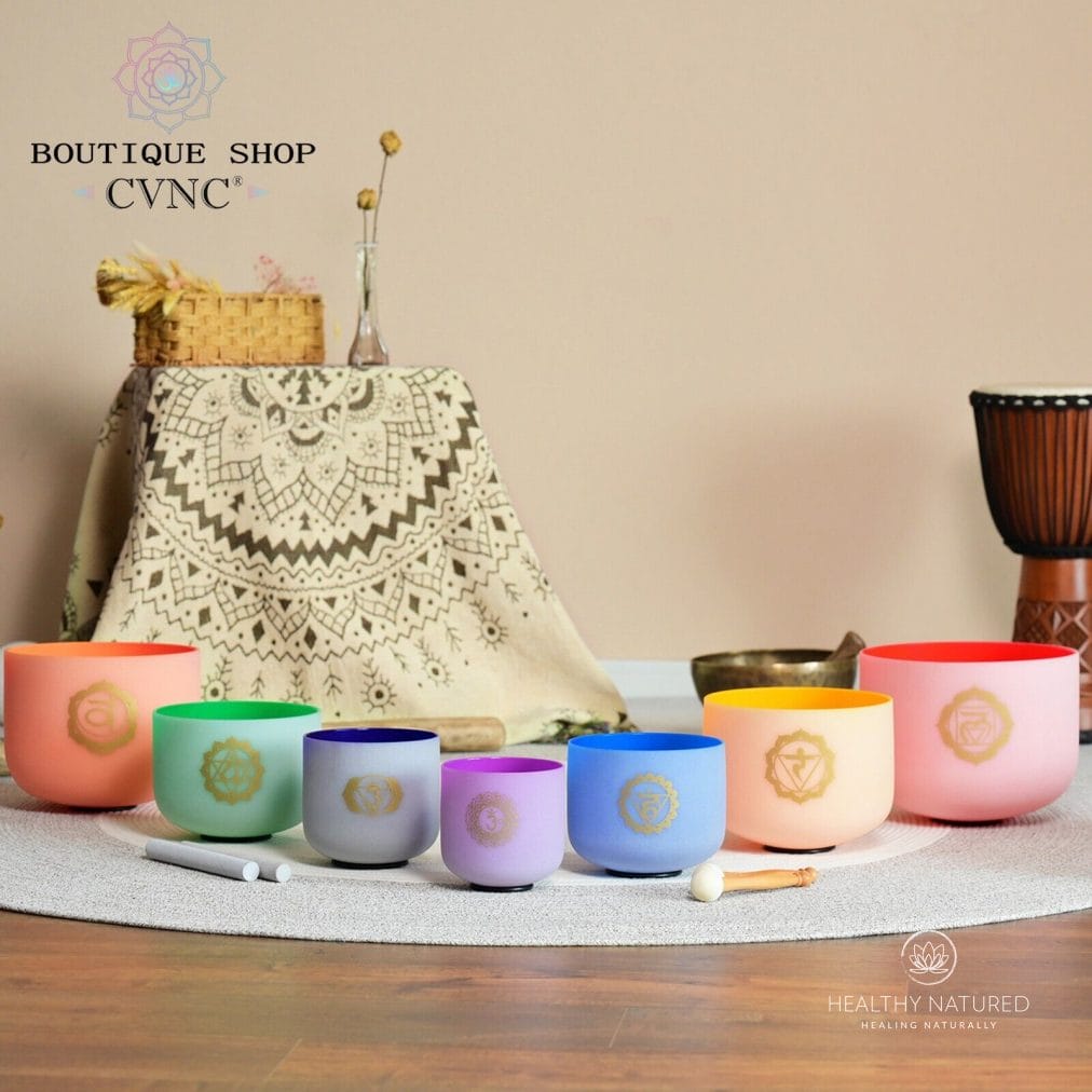 CVNC 432Hz 6-12" 7 pcs Color Chakra Quartz Crystal Singing Bowl Set Sound Heal