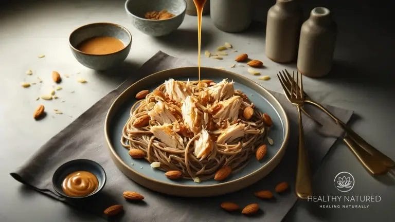 soba noodles, chicken and almond butter sauce