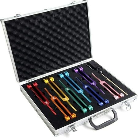 Chakra Tuning Forks Set 7 Chakra and 1 Soul Purpose Weighted Tuning Forks for Cosmic Octave Aluminum Alloy Sound Healing Instruments Golden by