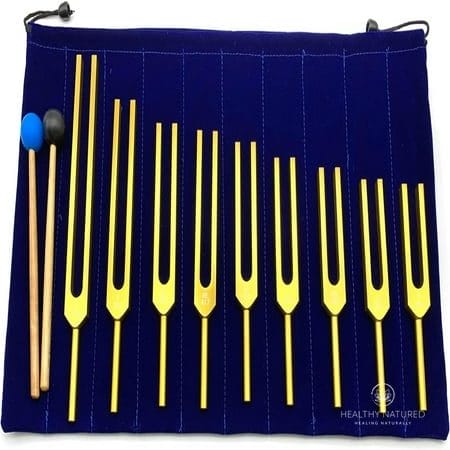 Chakra Tuning Forks Set 7 Chakra and 1 Soul Purpose Weighted Tuning Forks for Cosmic Octave Aluminum Alloy Sound Healing Instruments Golden by