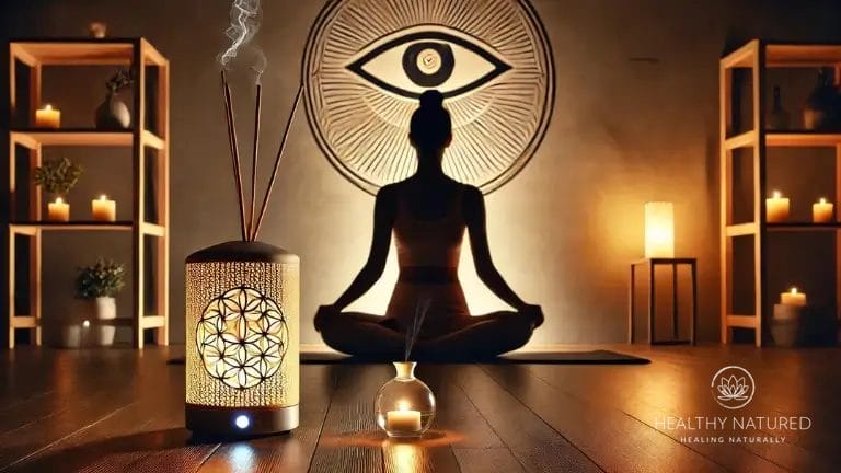 Evening 7 chakras meditation scene with a person on a mat, a frankincense diffuser, and a third eye chakra symbol in the background.