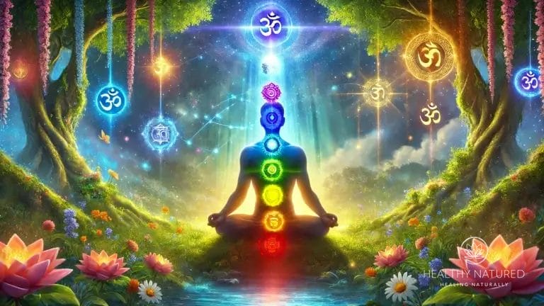 A person meditating, viewers can see the location of the 7 chakras