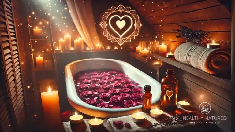 Evening bath with rose petals, candles, and lavender essential oil, with a heart chakra symbol in the background.