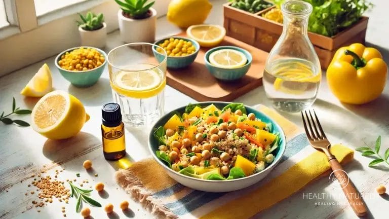 Lunch scene with quinoa salad, lemon water, and lemon essential oil on a bright workspace.