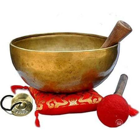 Ajuny Himalayan Sound Healing Singing Bowl Meditation Hand Hammared Plain Golden Bengali Bowls With Cushion Striker And Drum Stick Size Dia 21.5 Cm