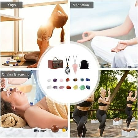 18 Piece of Rocks Crystal Healing Yoga Crystal Shi Ying Hexagonal Cones Pendulums Woven Net Bag Pendant Necklace Set