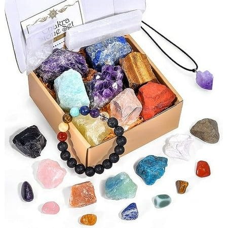 Sharvgun 25 PCS Crystals and Healing Stones Healing Crystals Gift Set 7 Raw Chakra Stone 7 Tumbled Gemstones Selenite Plate Lava Bracelet Gift Box
