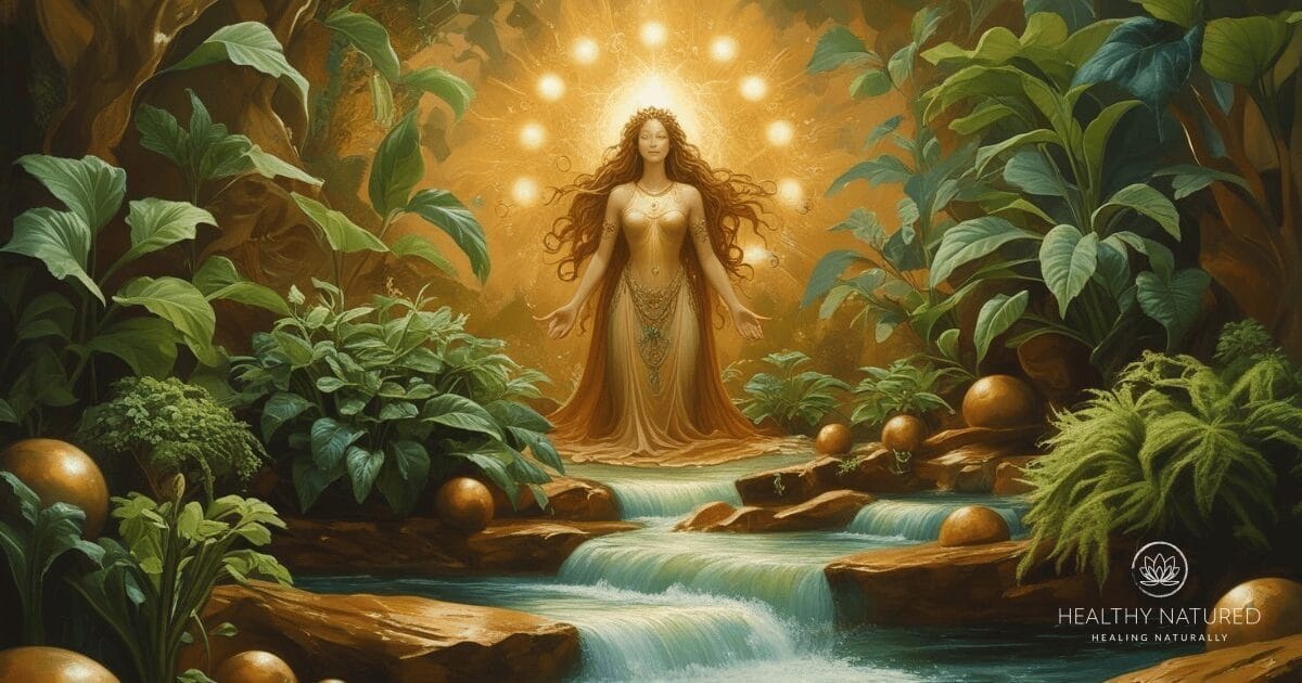 The maiden rests in meditation beside an abundant garden and flowing river symbolizing balance and nurture