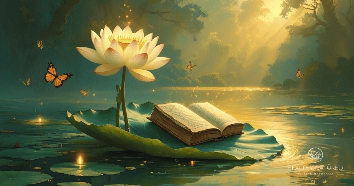 a book containing spiritual numbers for balance and harmony  rests on a lotus leaf below a lotus flower
