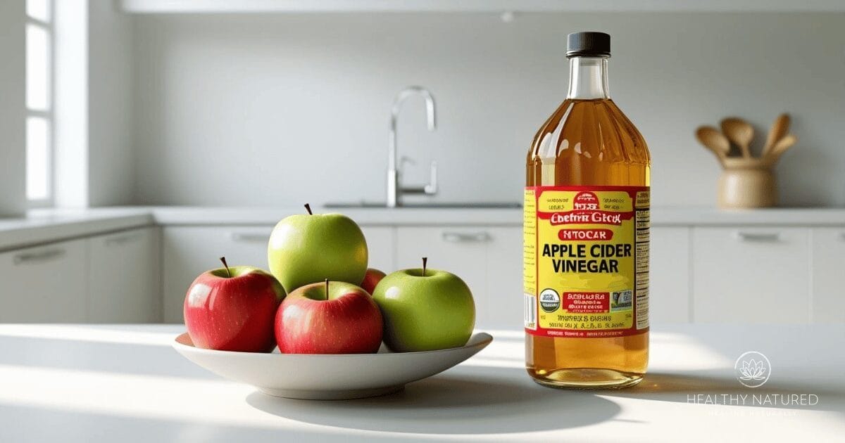 apple cider detox -apple cider vinegar bottle beside apples