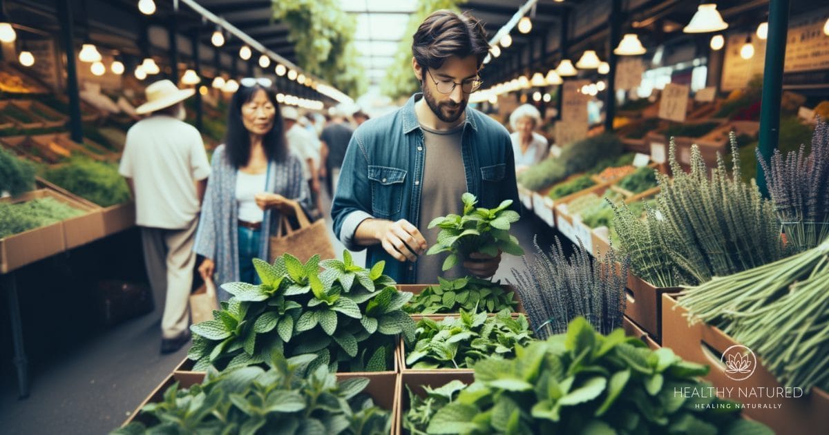 a man looking at bunches of lemon balm at a farmers market