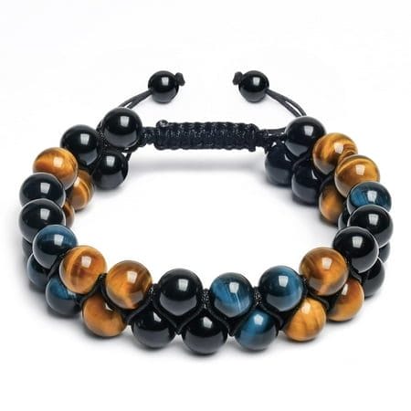 Vicsoon Bracelets for Men Women Triple Protection Bracelet with 8mm Blue Yellow Tigers Eye Black Obsidian Adjustable Healing Stone Handmade Bracelet Beads Crystal Jewelry Bring Luck and Happiness