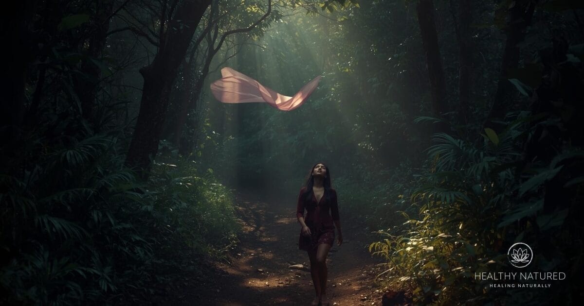 a pink scarf blows past a woman walking in the woods. In a dream this may indicate you are searching for something and it feels like just within your reach