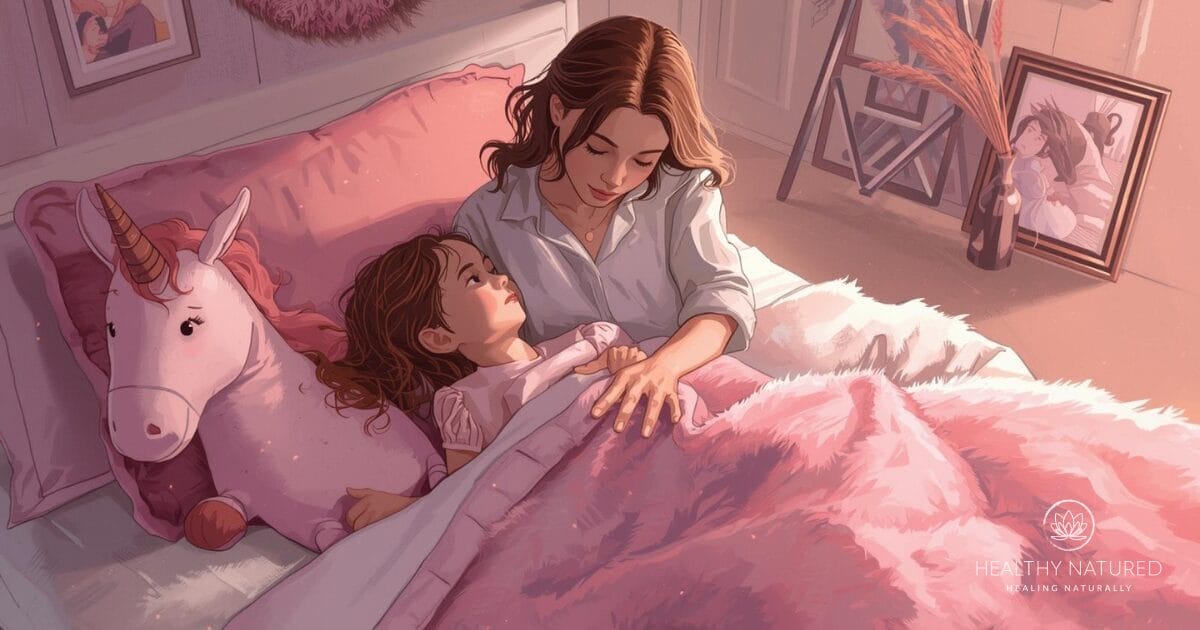 what does the color pink mean? a mother puts her daughter to bed in a pink bedroom.