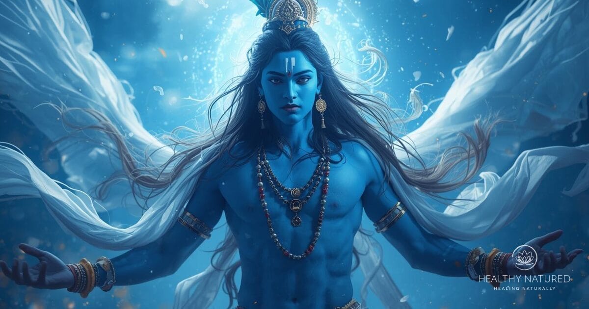 Krishna is often depicted with blue skin, which is symbolic of the infinite and the immeasurable, representing the boundless expansion of the universe. It also symbolizes the divine, as blue is associated with the heavens and the cosmos.