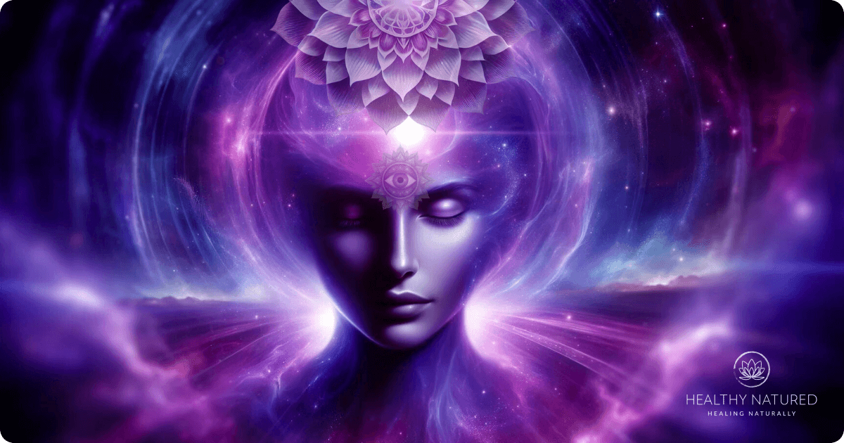 a woman surrounded by violet and purple to signify the violet aura